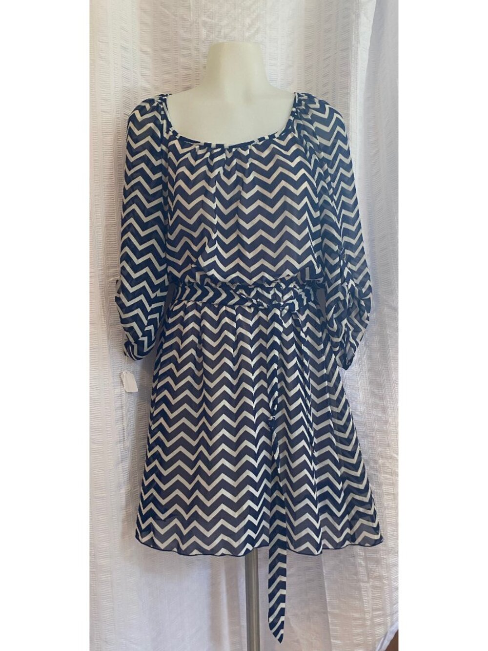 Speechless Navy And Cream Chevron Tie Waist Long Sleeve Dress